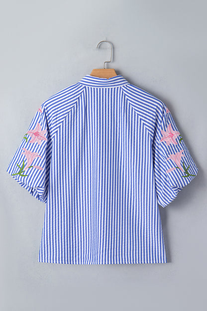 Stripe Floral Lily Embroidered Puff Sleeve Shirt
