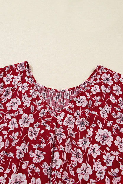 Plus Size Floral Balloon Sleeve V-Neck Mini Dress