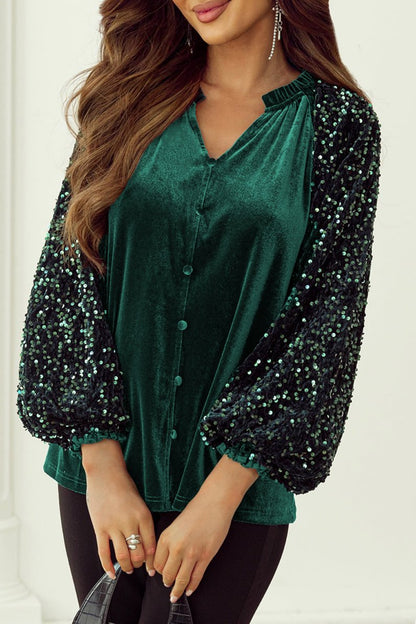 Sequin Velvet Buttoned V-Neck Top