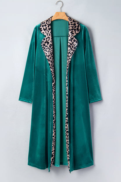 Leopard Contrast Collar Velvet Open Front Cardigan
