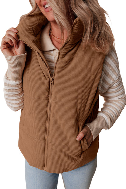 Corduroy Zip-Up Pocketed Puffer Vest