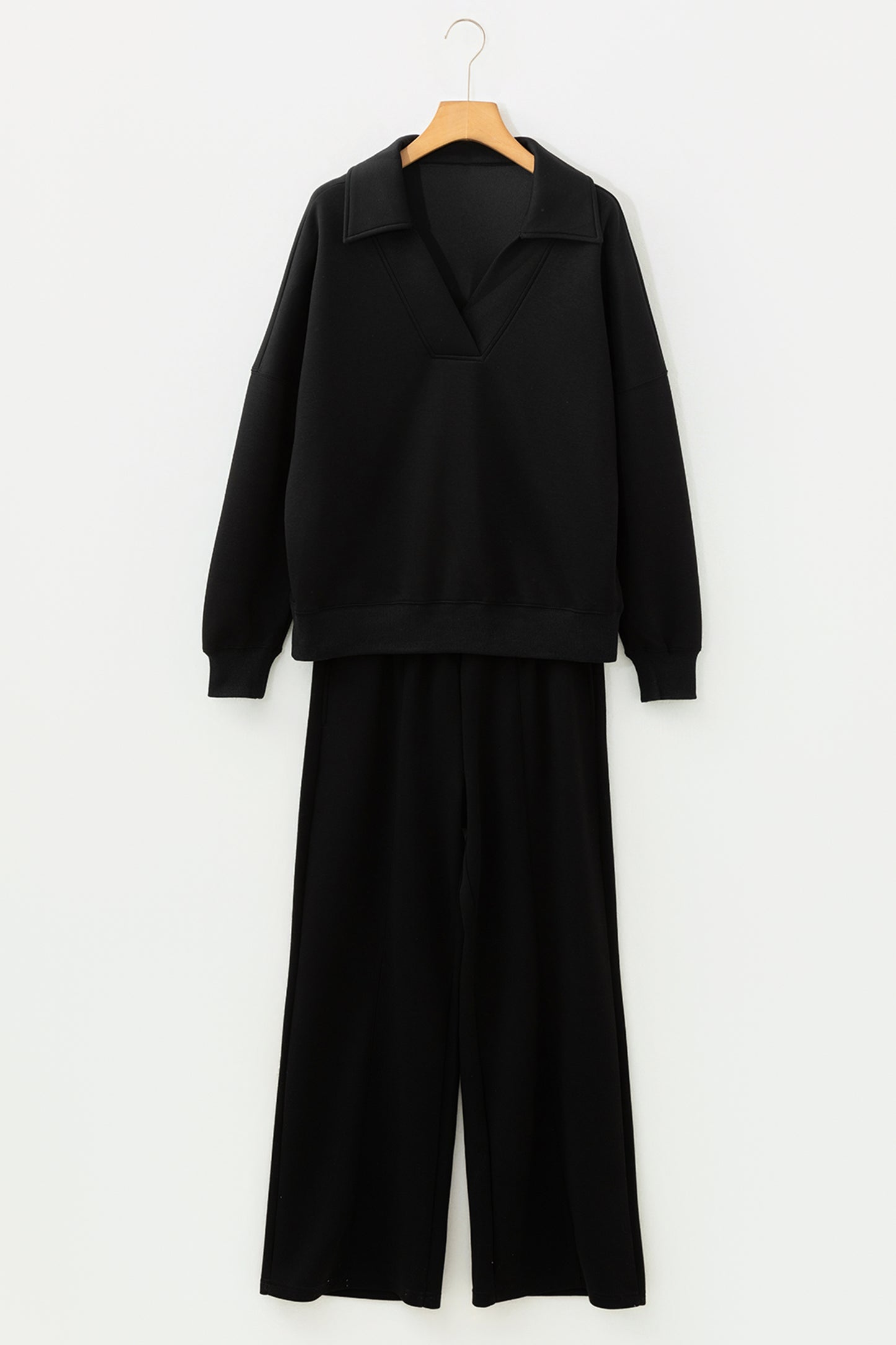 Solid Collared V-Neck Sweatshirt & Sweatpants Set