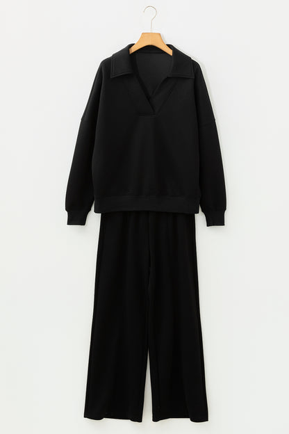 Solid Collared V-Neck Sweatshirt & Sweatpants Set