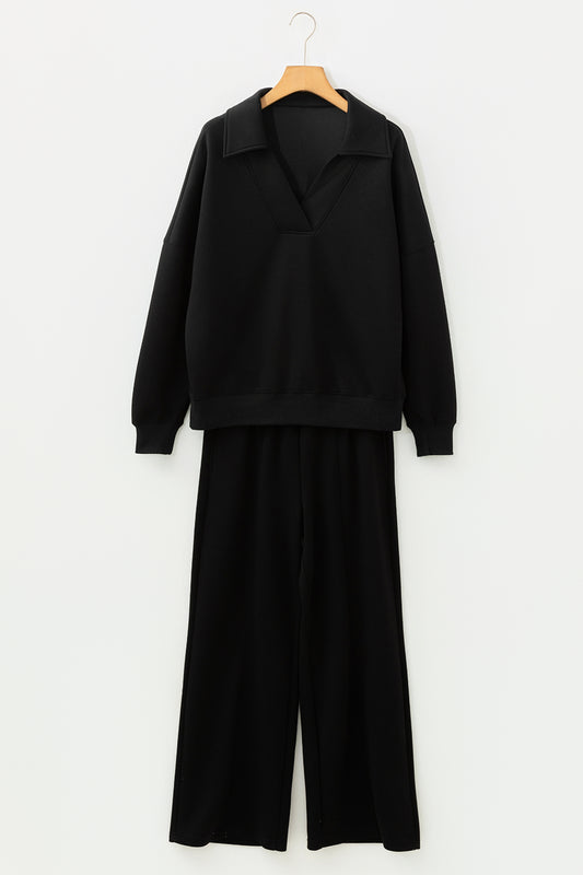 Solid Collared V-Neck Sweatshirt & Sweatpants Set