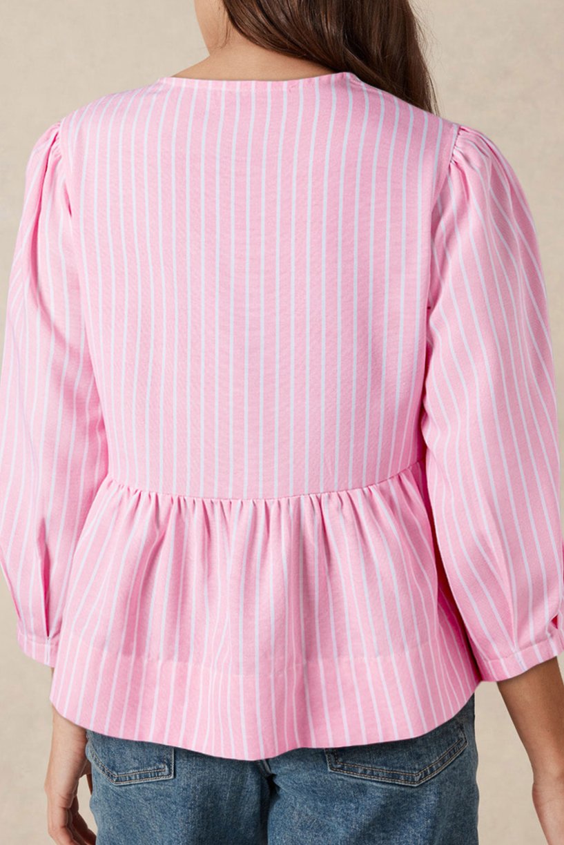 Stripe Bow Front Puff Sleeve Blouse