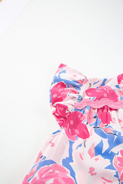Floral Ric-Rac Flutter Sleeve V-Neck Dress
