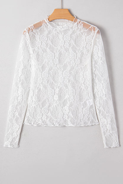 Sheer Lace Mesh Mock Neck Long Sleeve Top