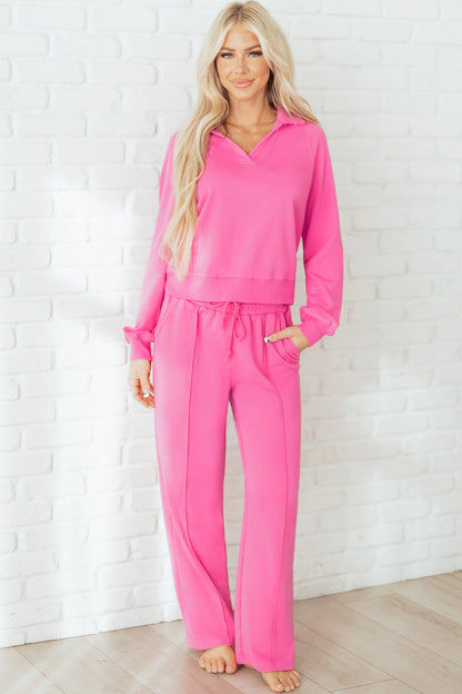 Solid Collared Top and Central Seam Pants Set