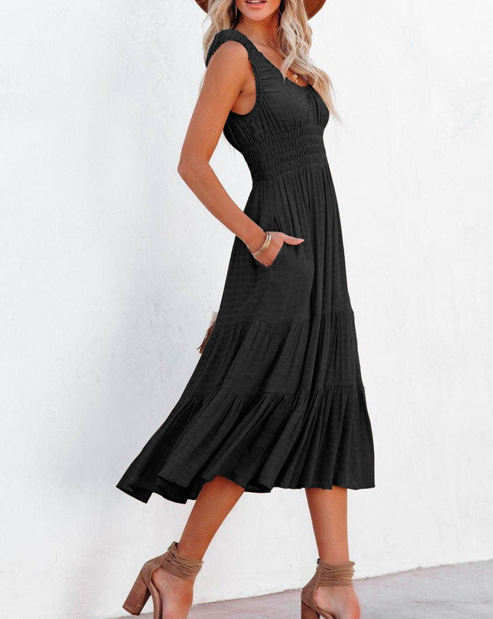 Smocked Waist Tiered Midi Dress