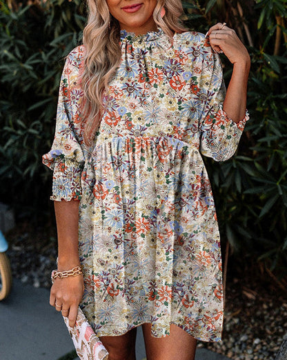 Floral Smocked 3/4 Sleeve Dress