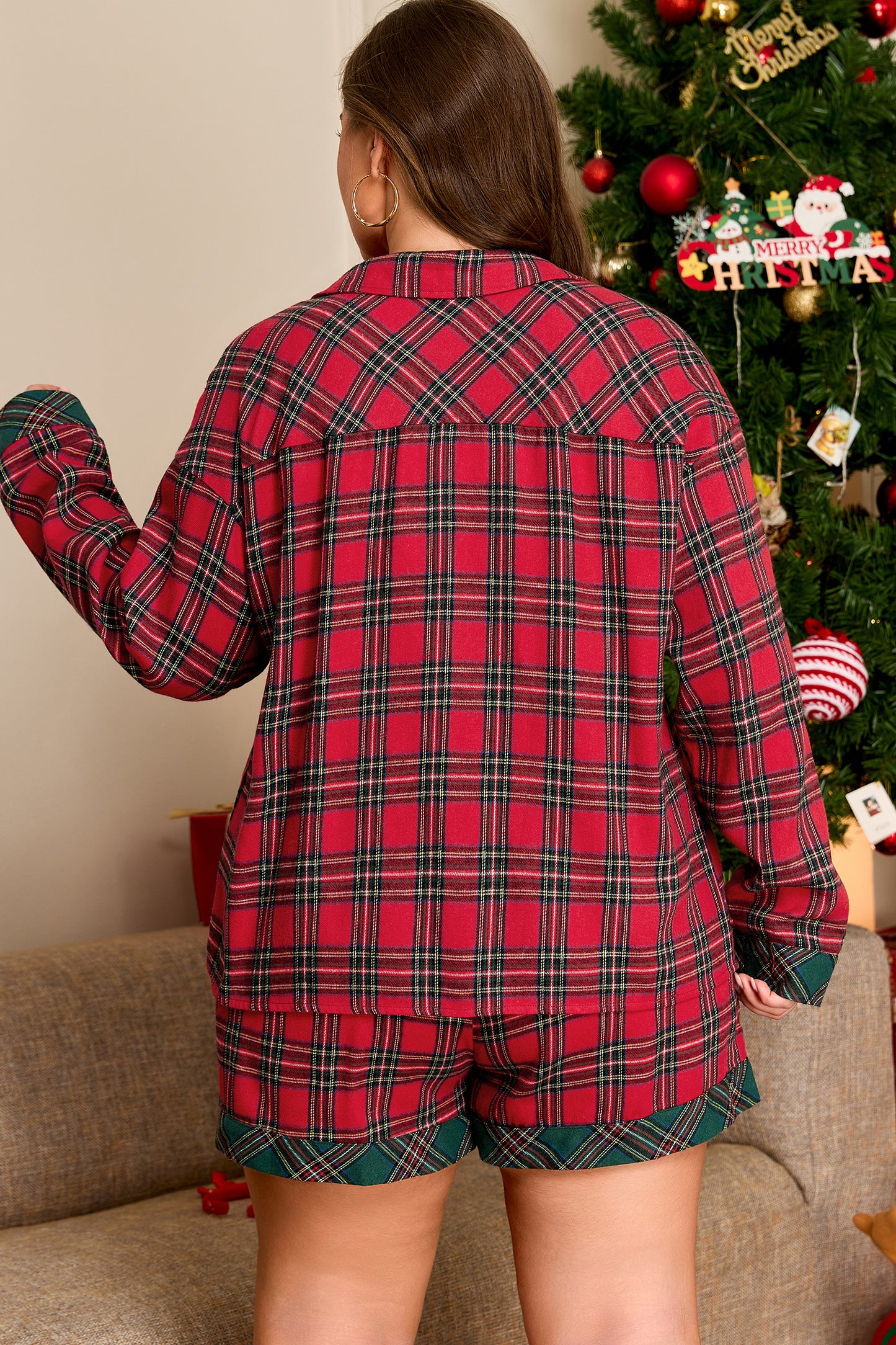 Plus Size Christmas Plaid Shirt and Shorts Pajama Set