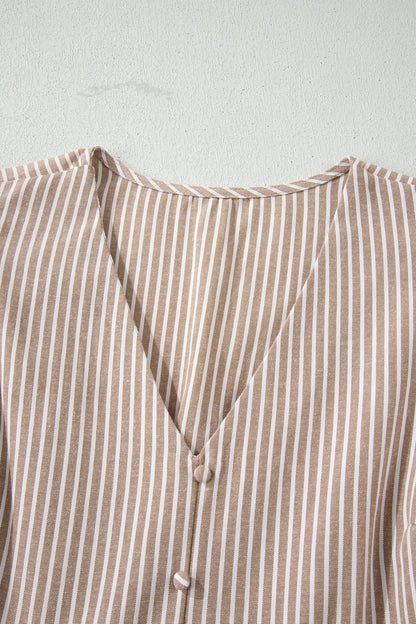 Stripe Flutter Sleeve Buttoned V-Neck Maxi Dress