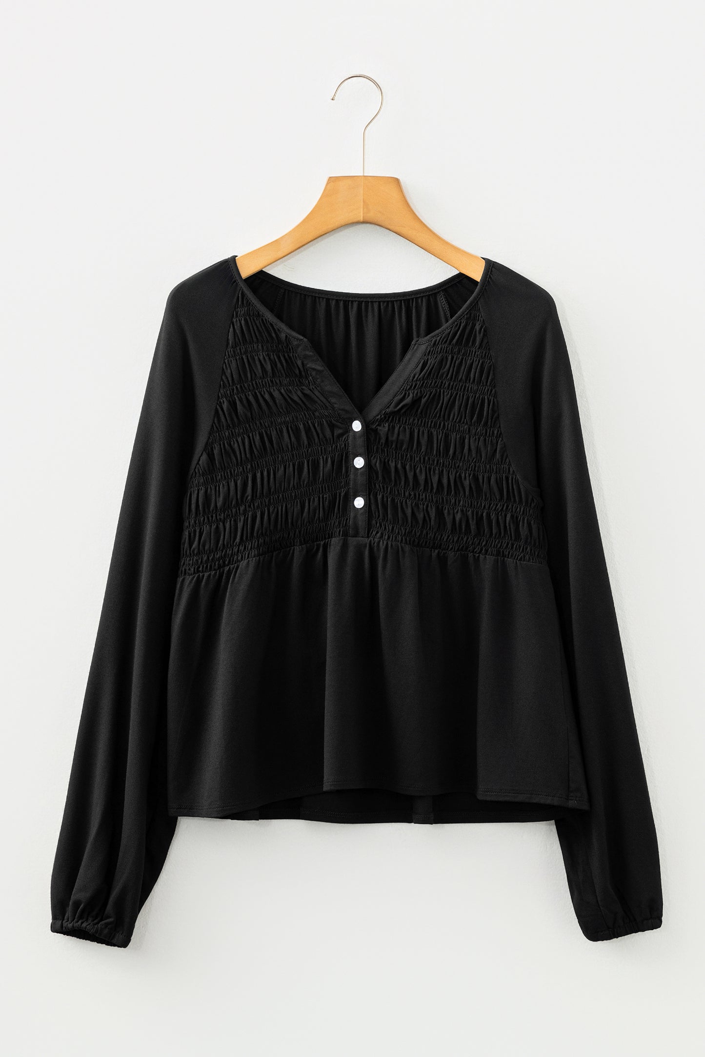 Solid Smocked Split V-Neck Buttoned Blouse