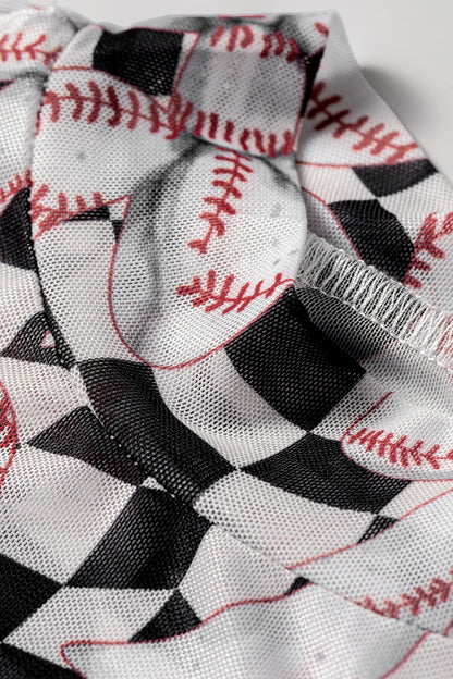 Checker Baseball Bow High Neck Long Sleeve Mesh Top