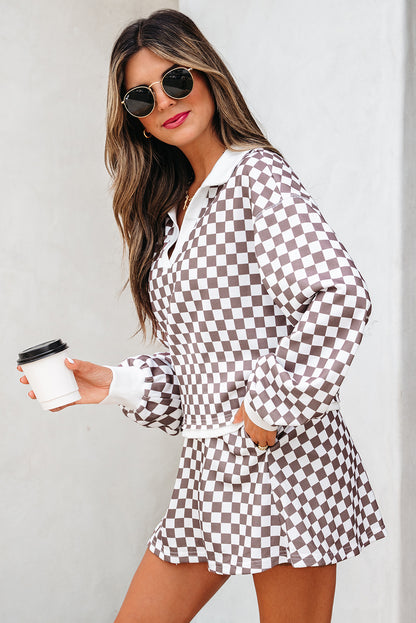 Checker Long Sleeve Top and Drawstring Mini Skirt Set
