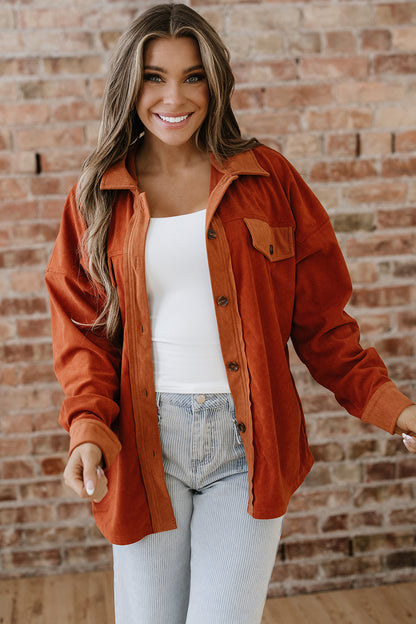 Velvet Button-Up Flap Pocket Drop Shoulder Shacket