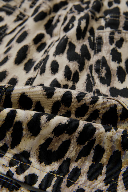 Leopard Denim Drawstring Elastic Waist Shorts
