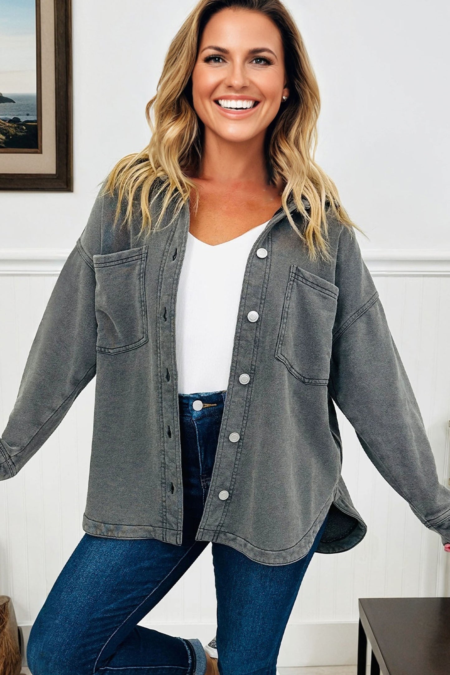 Mineral Wash Chest Pocket Drop Shoulder Shacket