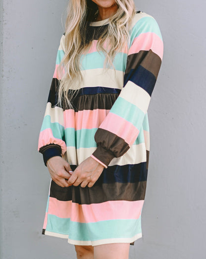 Stripe Long Puff Sleeve Dress