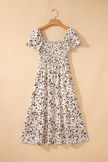 Leopard Smocked Square Neck Ruffle Sleeve Dress