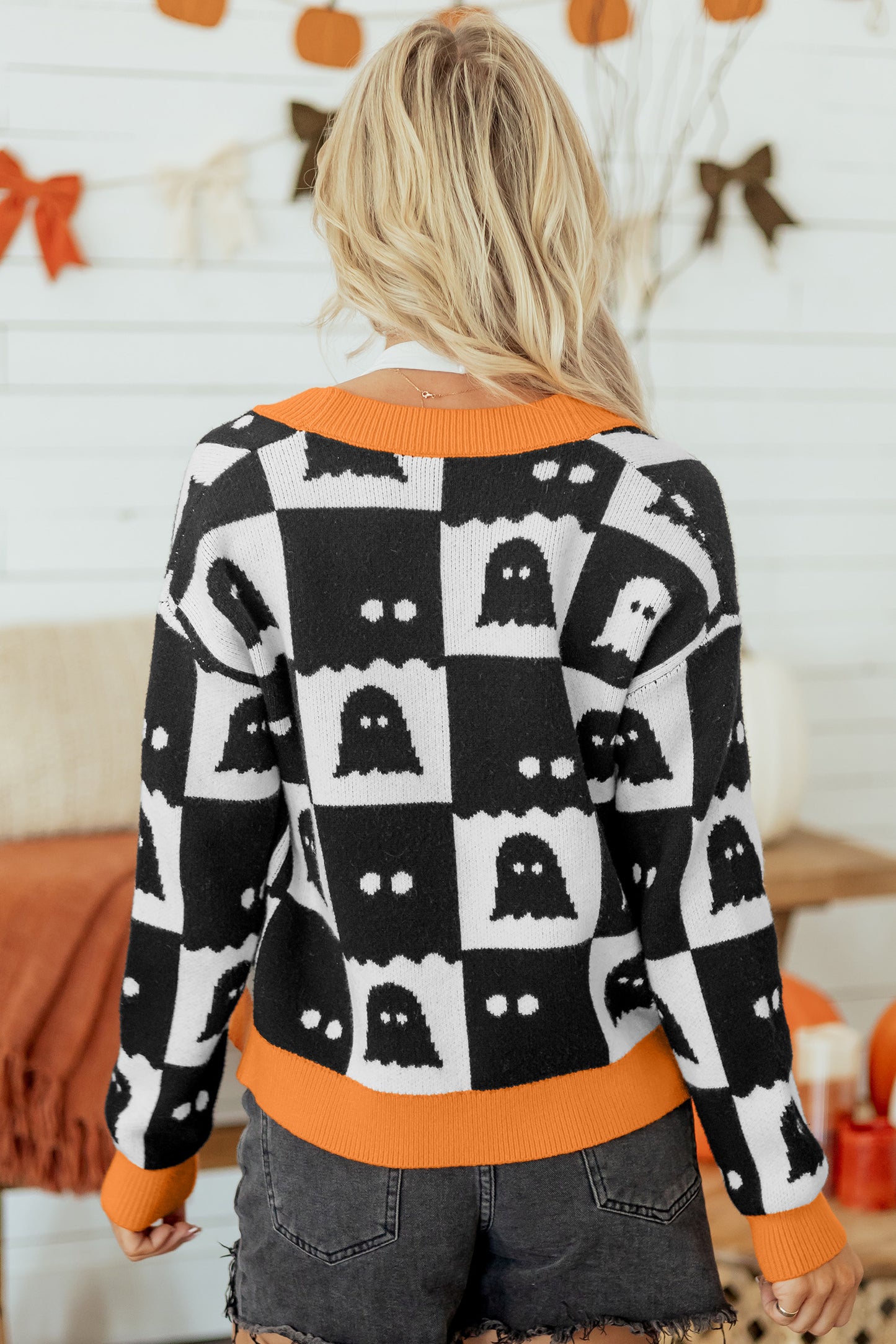 Halloween Ghost Colorblock Drop Shoulder Knit Cardigan