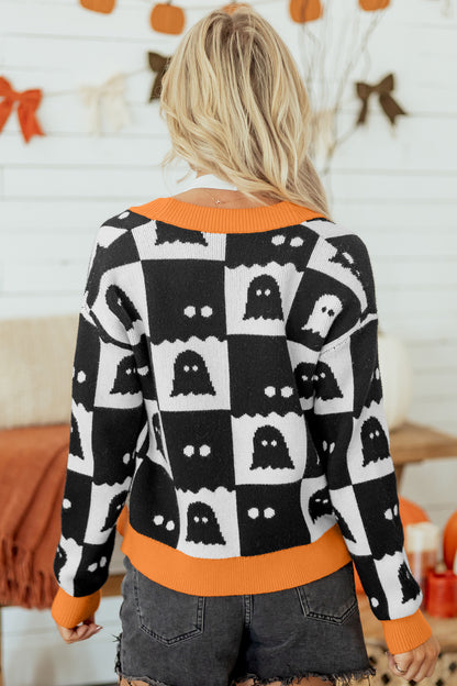 Halloween Ghost Colorblock Drop Shoulder Knit Cardigan