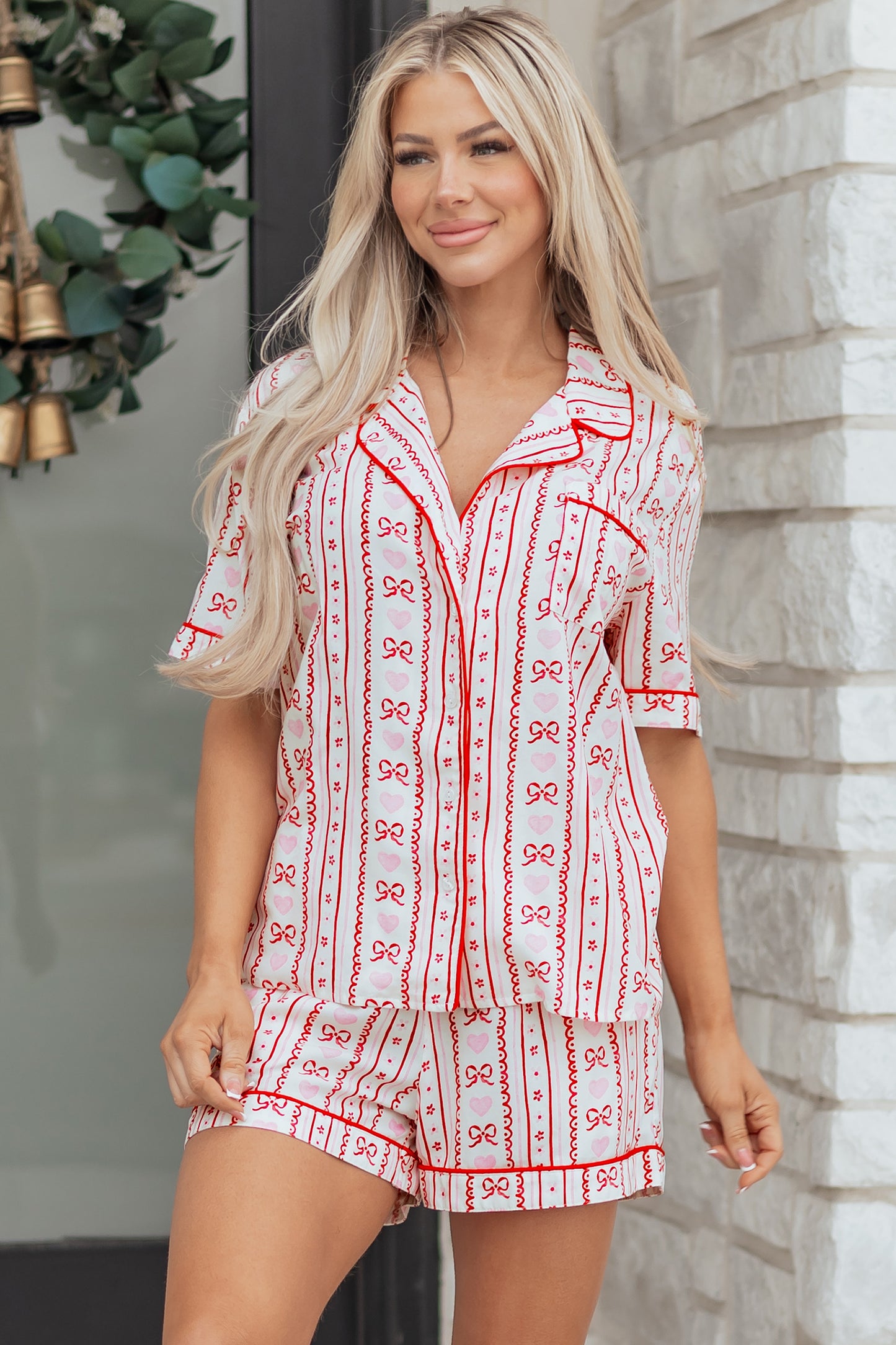 Bow Heart Top and Shorts Pajama Set