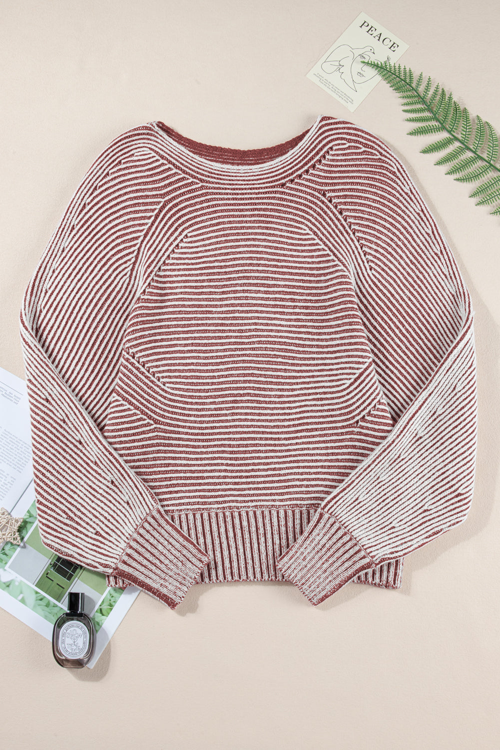 Stripe Ribbed Knit Boat Neck Sweater