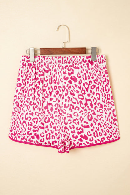 Leopard Contrast Trim Elastic Waist Drawstring Shorts
