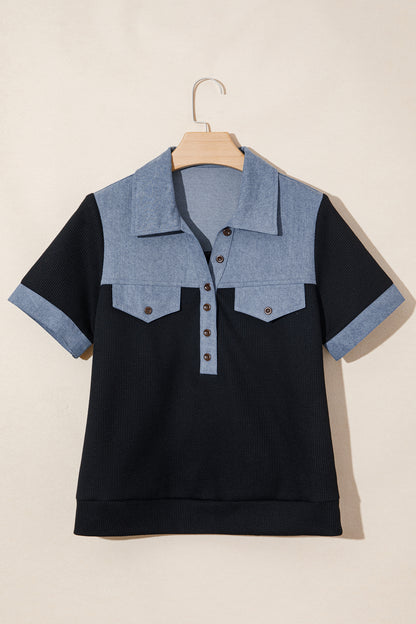 Colorblock Denim Waffle Knit Patchwork Polo Top