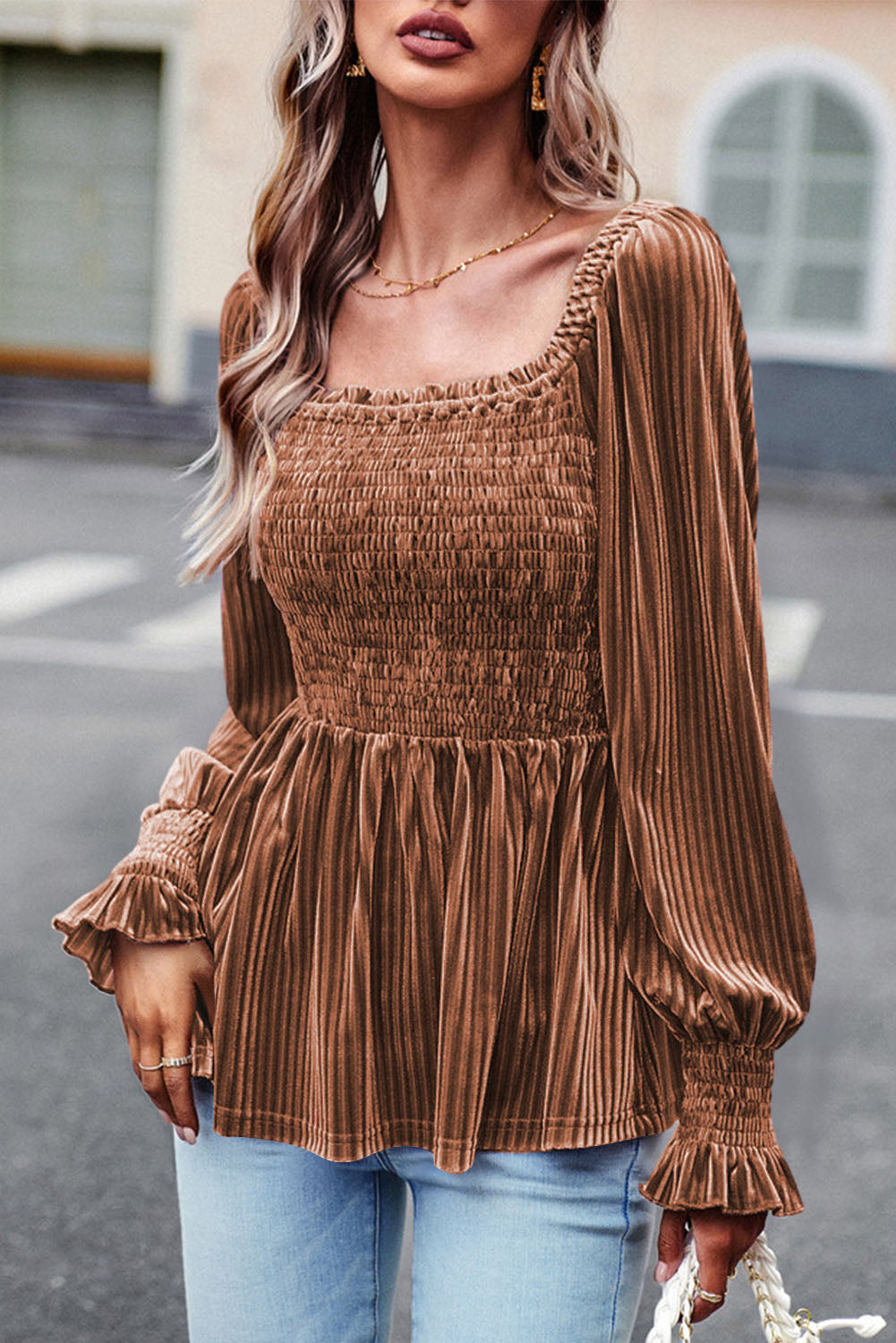 Pleated Velvet Smocked Babydoll Top