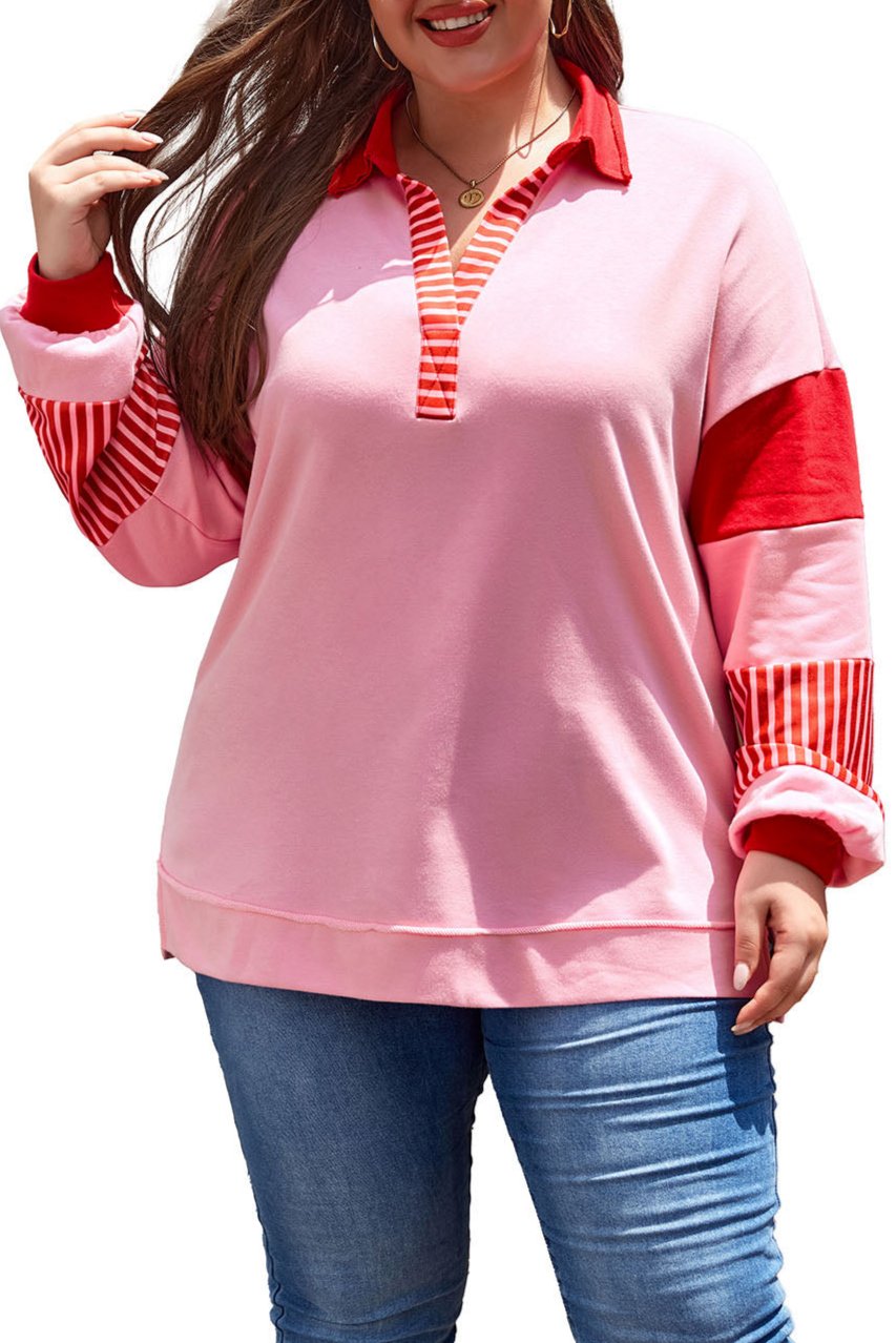 Stripe Collared V-Neck Sweatshirt Plus Size