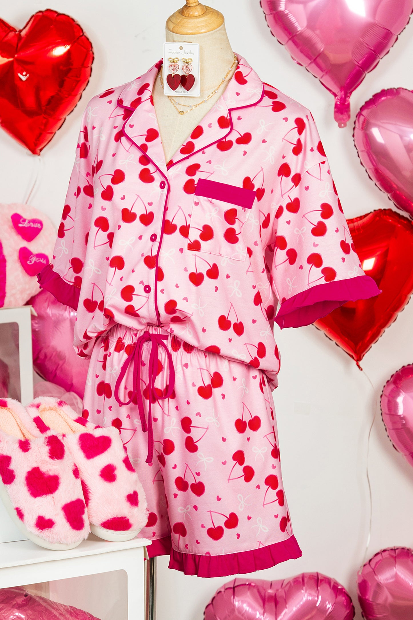 Cherry Bow Tie Top and Shorts Pajama Set