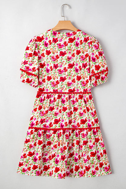 Floral Ricrac Puff Sleeve Pocketed Tiered Mini Dress