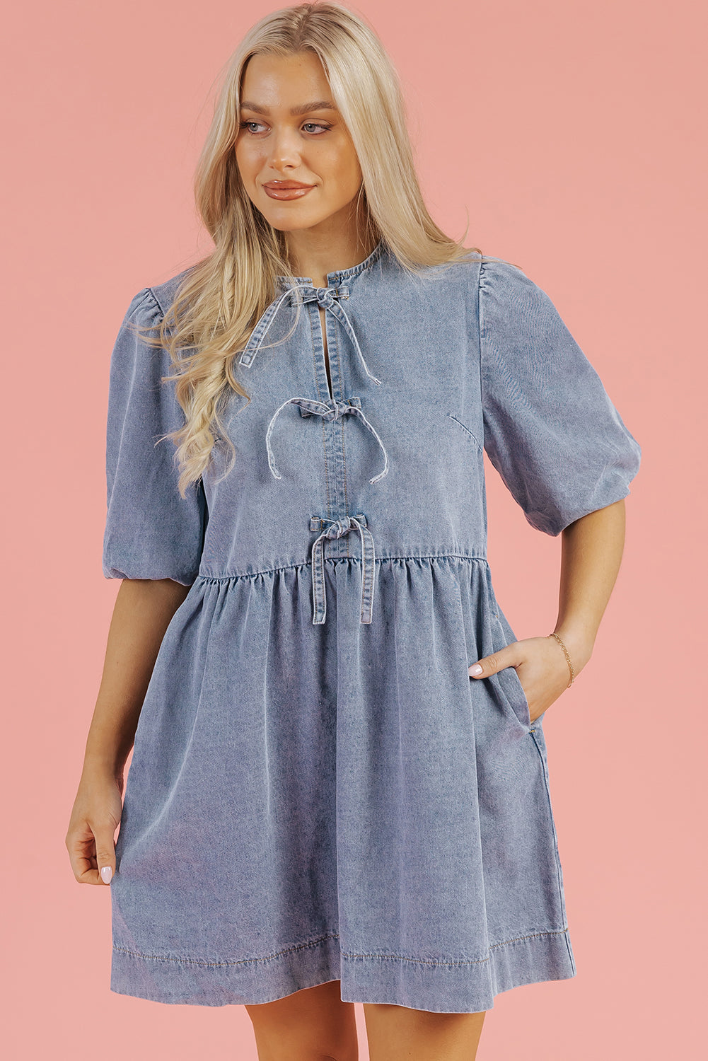 Denim Bow Bubble Sleeve Mini Dress