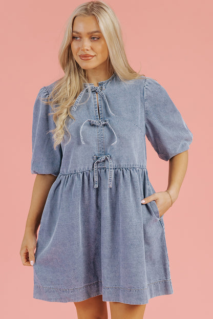Denim Bow Bubble Sleeve Mini Dress