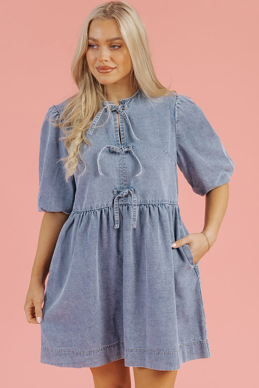 Denim Bow Bubble Sleeve Mini Dress