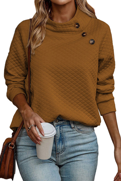 Apricot Quilted Buttoned Neckline Stand Neck Pullover Sweatshirt