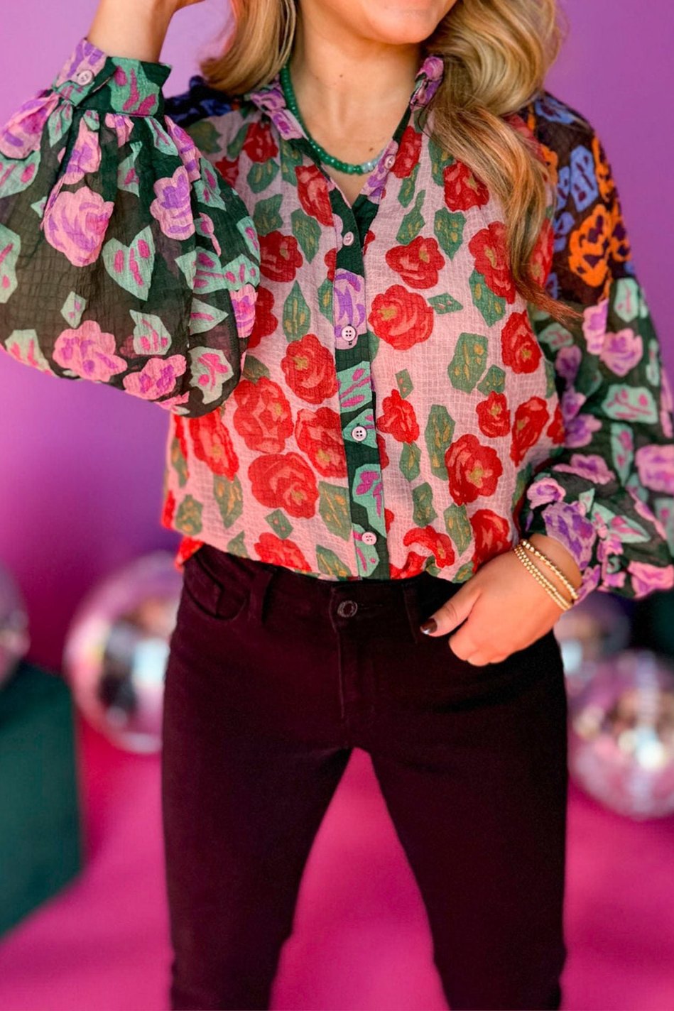 Floral Colorblock Puff Sleeve Shirt