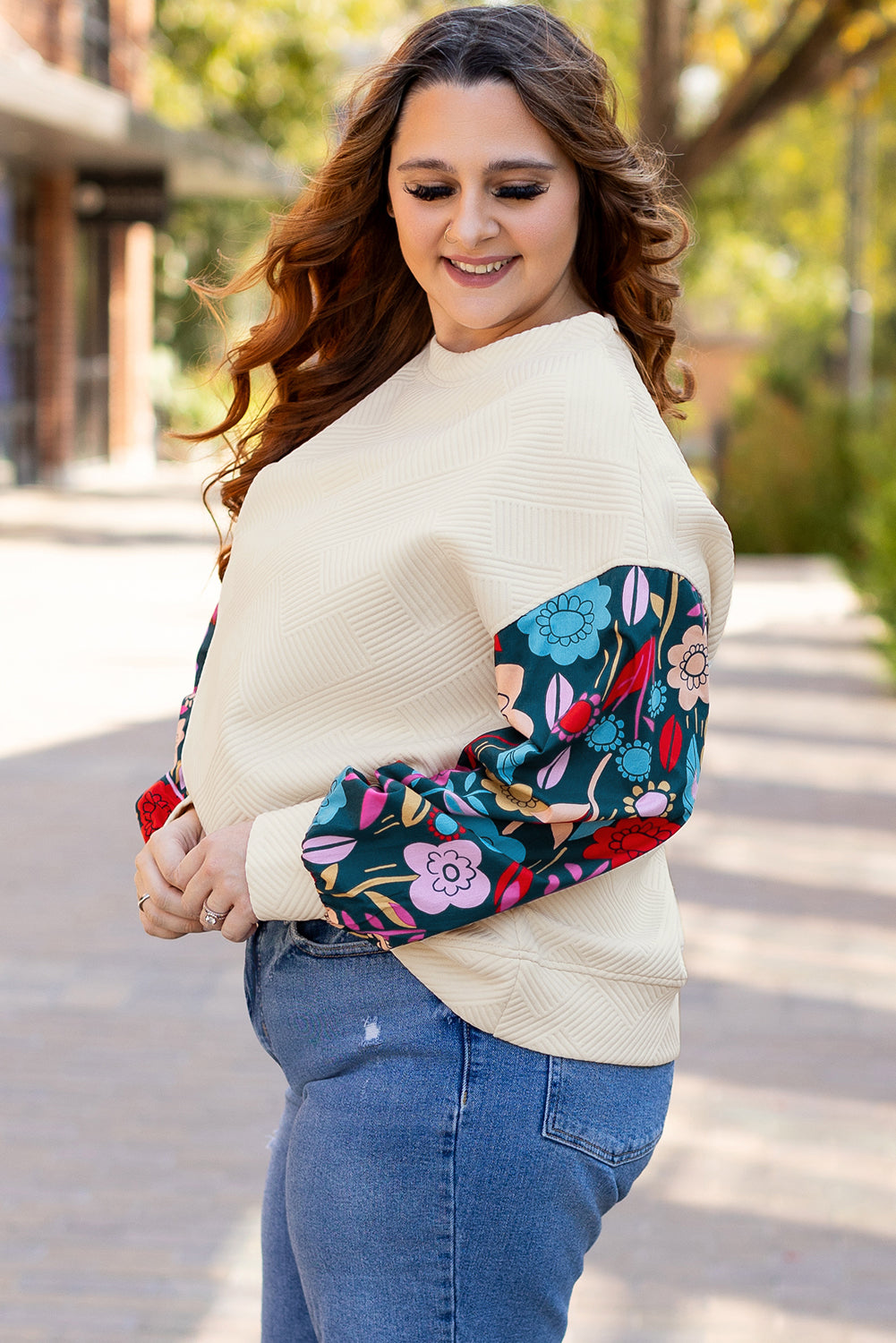 Plus Size Floral Patchwork Sleeve Textured Top