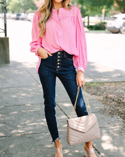 Pleated Puff Sleeve Buttoned Blouse