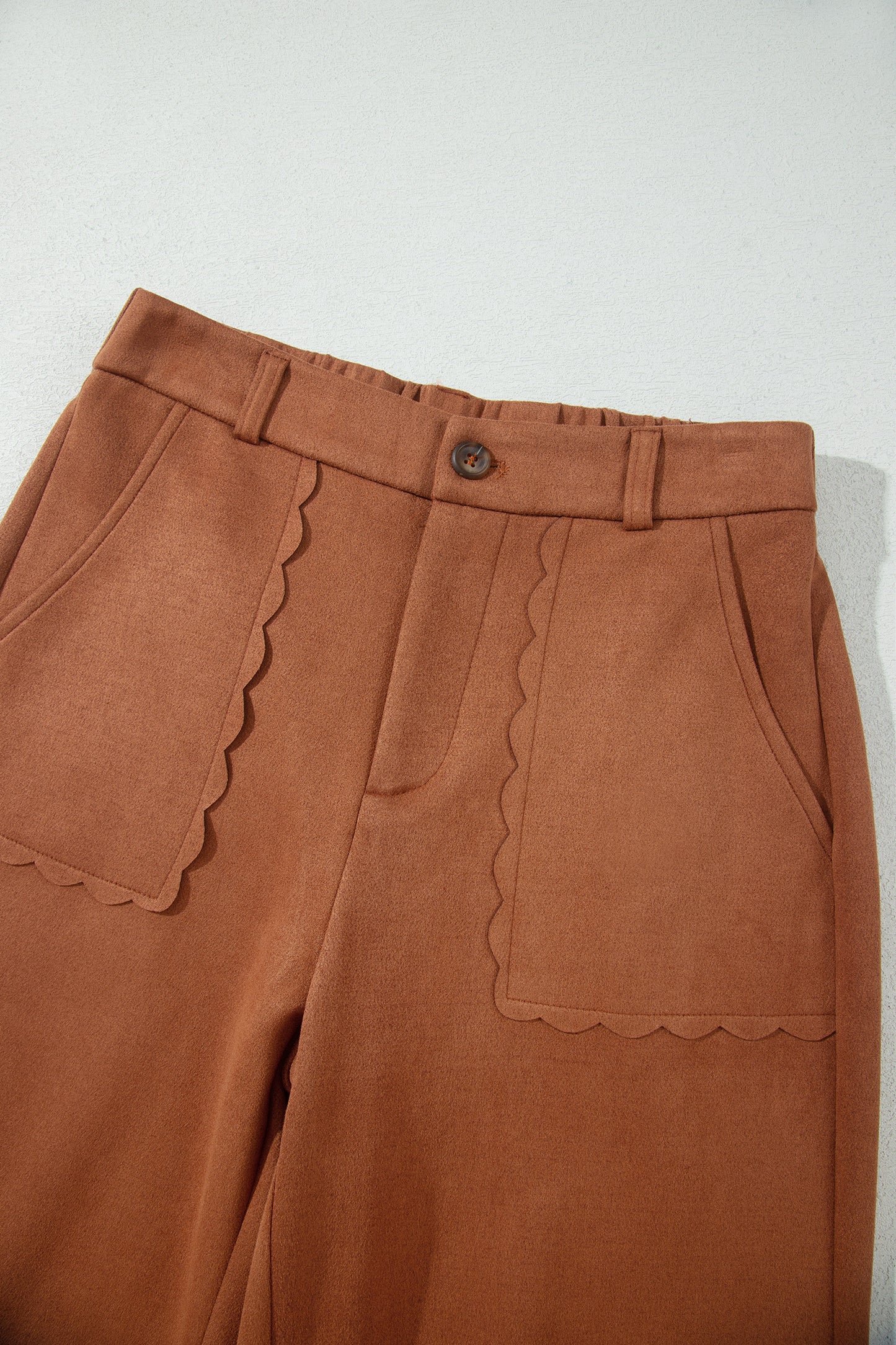 Solid Scalloped Edge Pocketed High Waist Pants