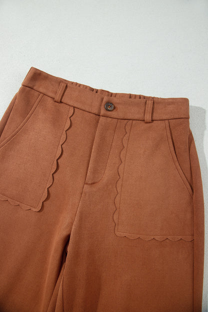 Solid Scalloped Edge Pocketed High Waist Pants