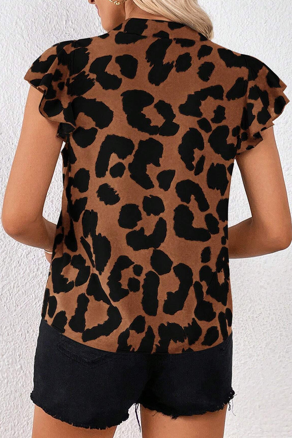 Leopard Ruffle Flutter Sleeve Blouse