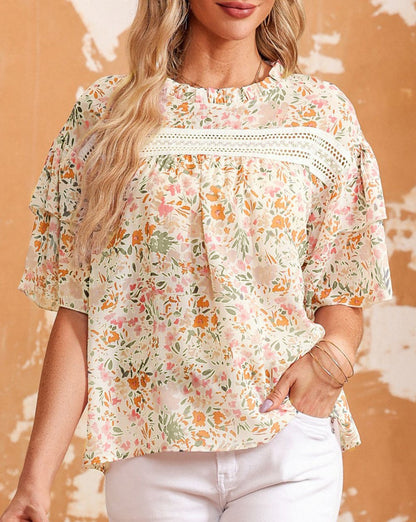 Floral Ruffle Wide Sleeve Blouse