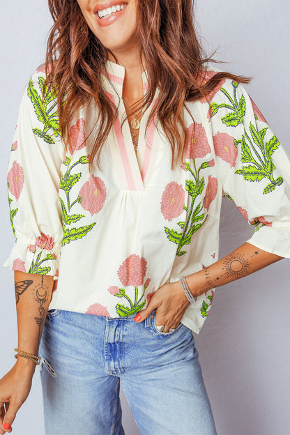Flower Contrast V-Neck 3/4 Sleeve Blouse