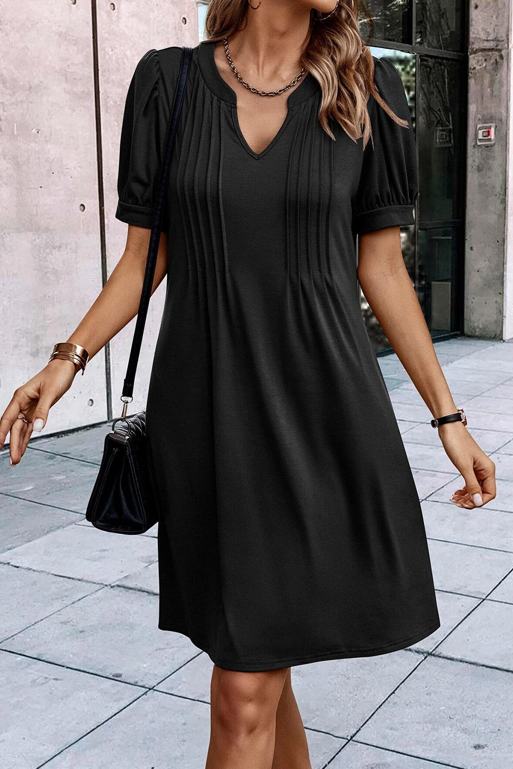 Pleated Notched Neck Shift Dress