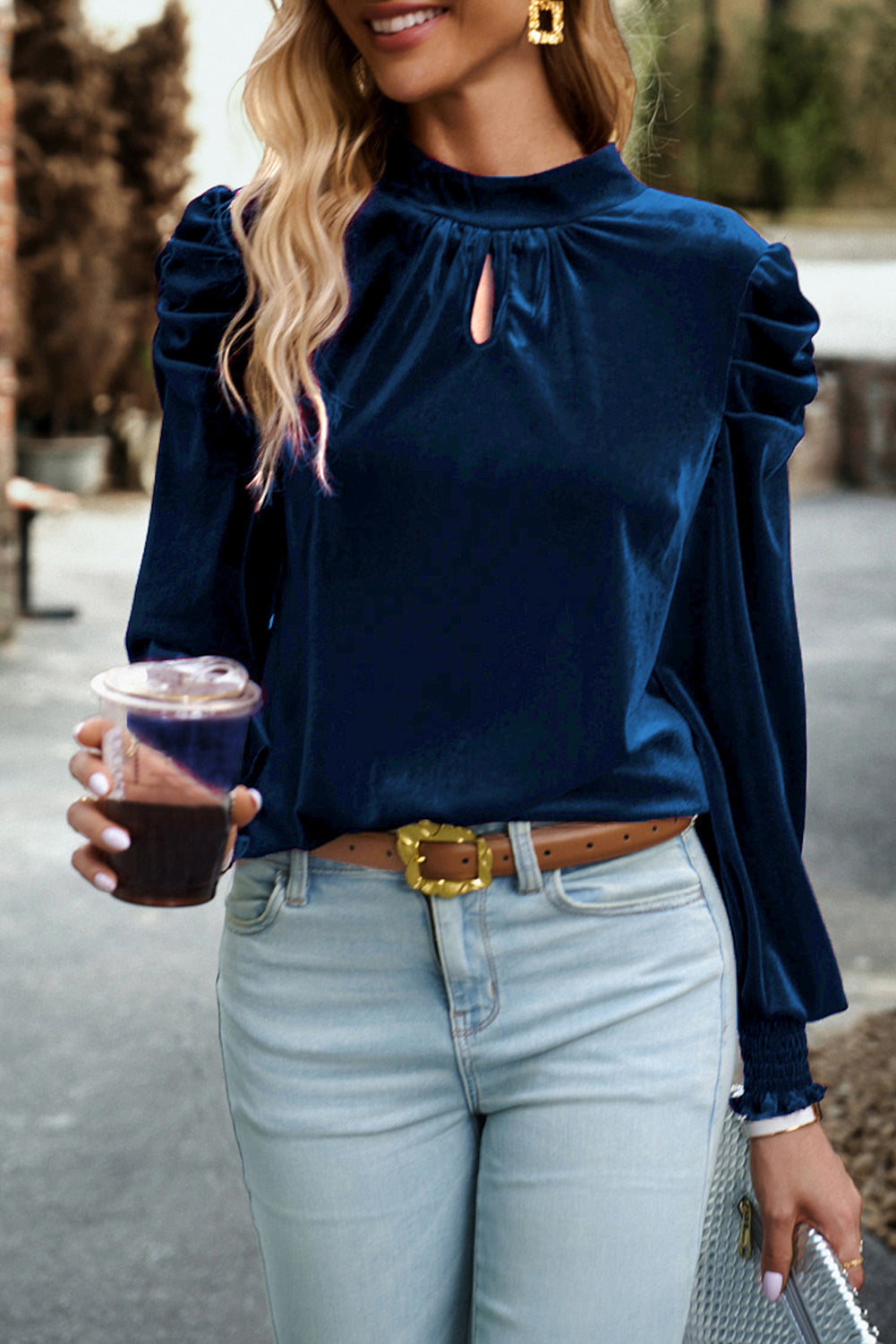 Mock Neck Puff Sleeve Blouse