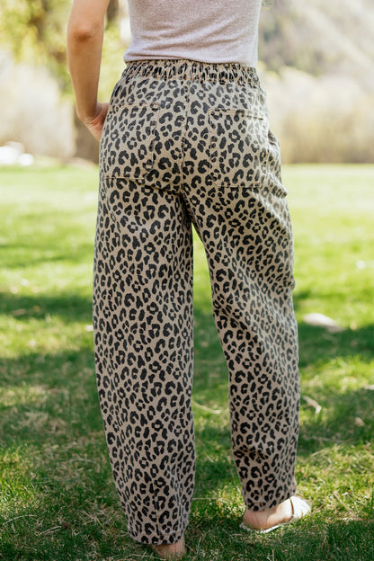 Leopard Denim Drawstring Elastic Waist Loose Pants