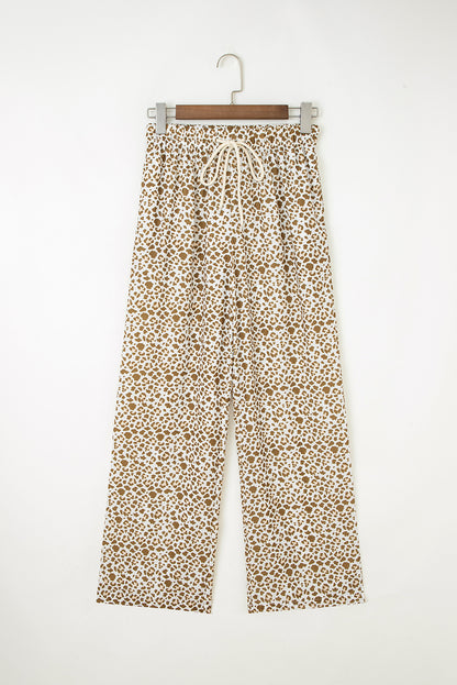 Leopard Drawstring Elastic Waist Straight Leg Pants